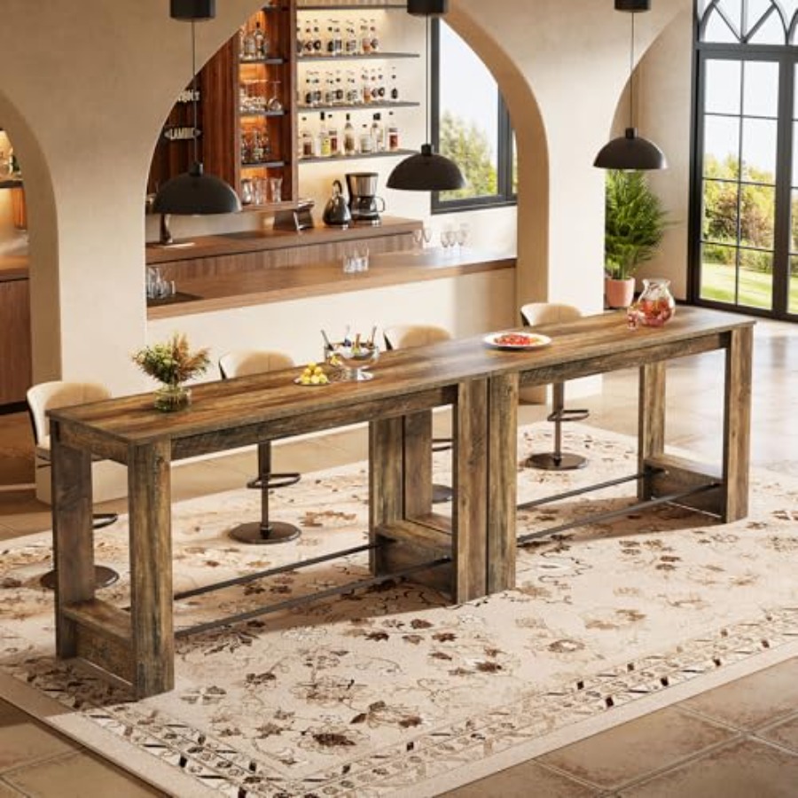Home Bar And Counter - 63インチ バーテーブル 2脚セット、カウンターハイトテーブル、フットレスト付き、ホームバー用、無垢材、ナチュラル仕上げ、頑丈で素朴なデザイン