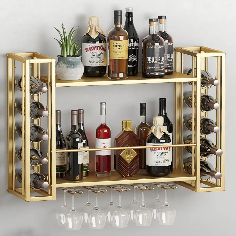 Home Bar Shelf - 壁掛けワインラック、ワイングラスラック付き壁掛けワインラック、家庭用レストランバーストーラ用2段多機能棚