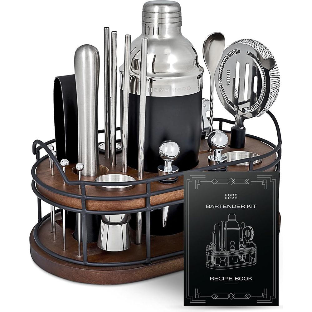 22点入りカクテルシェーカー＆バーツールセット - 木製スタ - Cocktail Recipe Book のレビューと価格