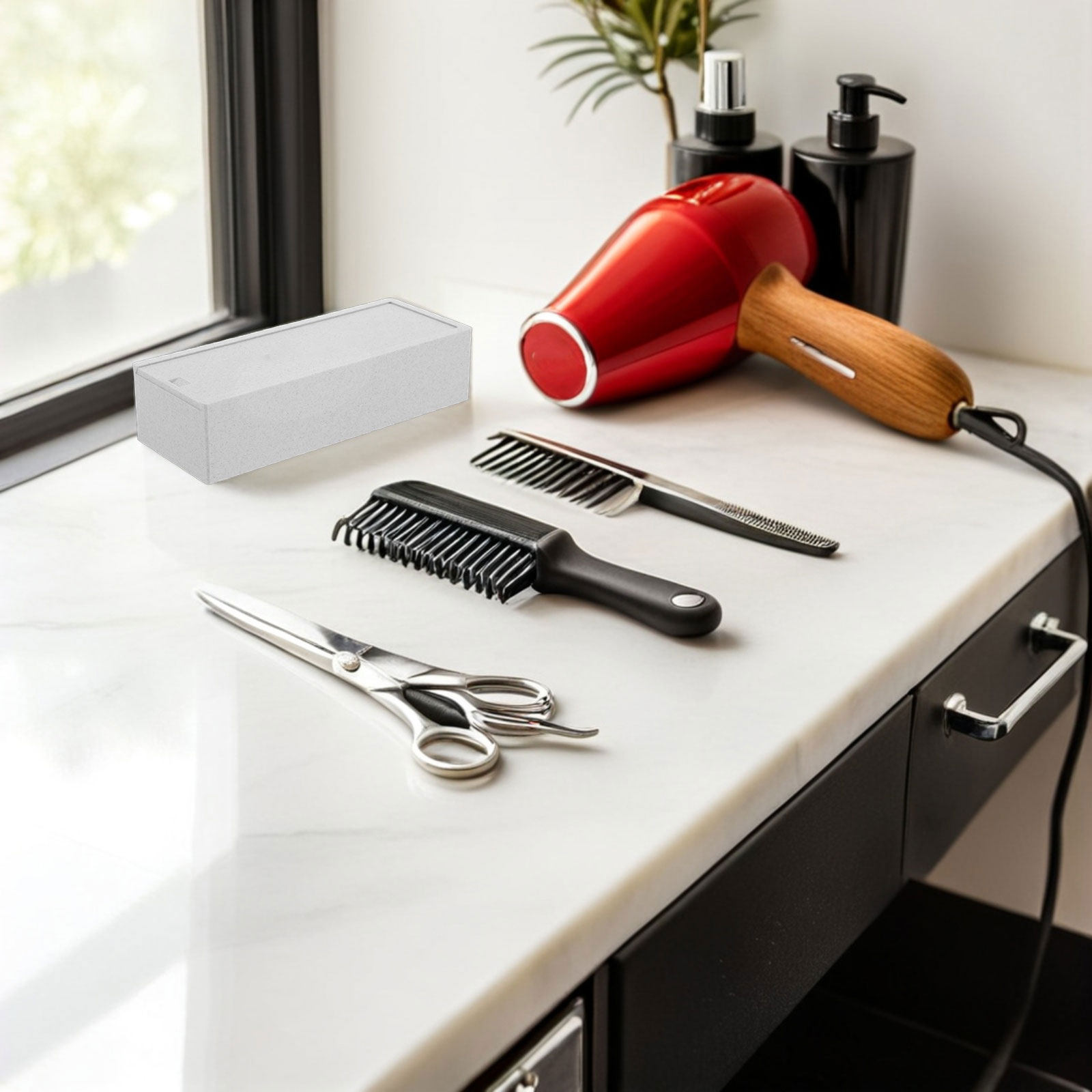 白い二重コンパートメントの刃物収納ケース、自立式プラスチック - Home Barber のレビューと価格