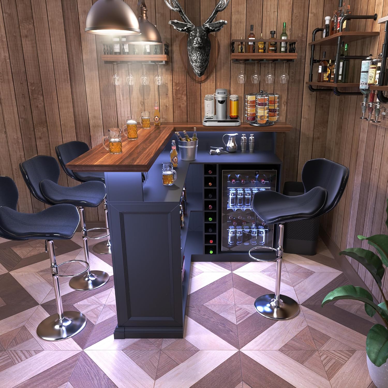 L字型ホームバーキャビネット（冷蔵庫スペース付き）、大型地下 - Home Bar Setup のレビューと価格